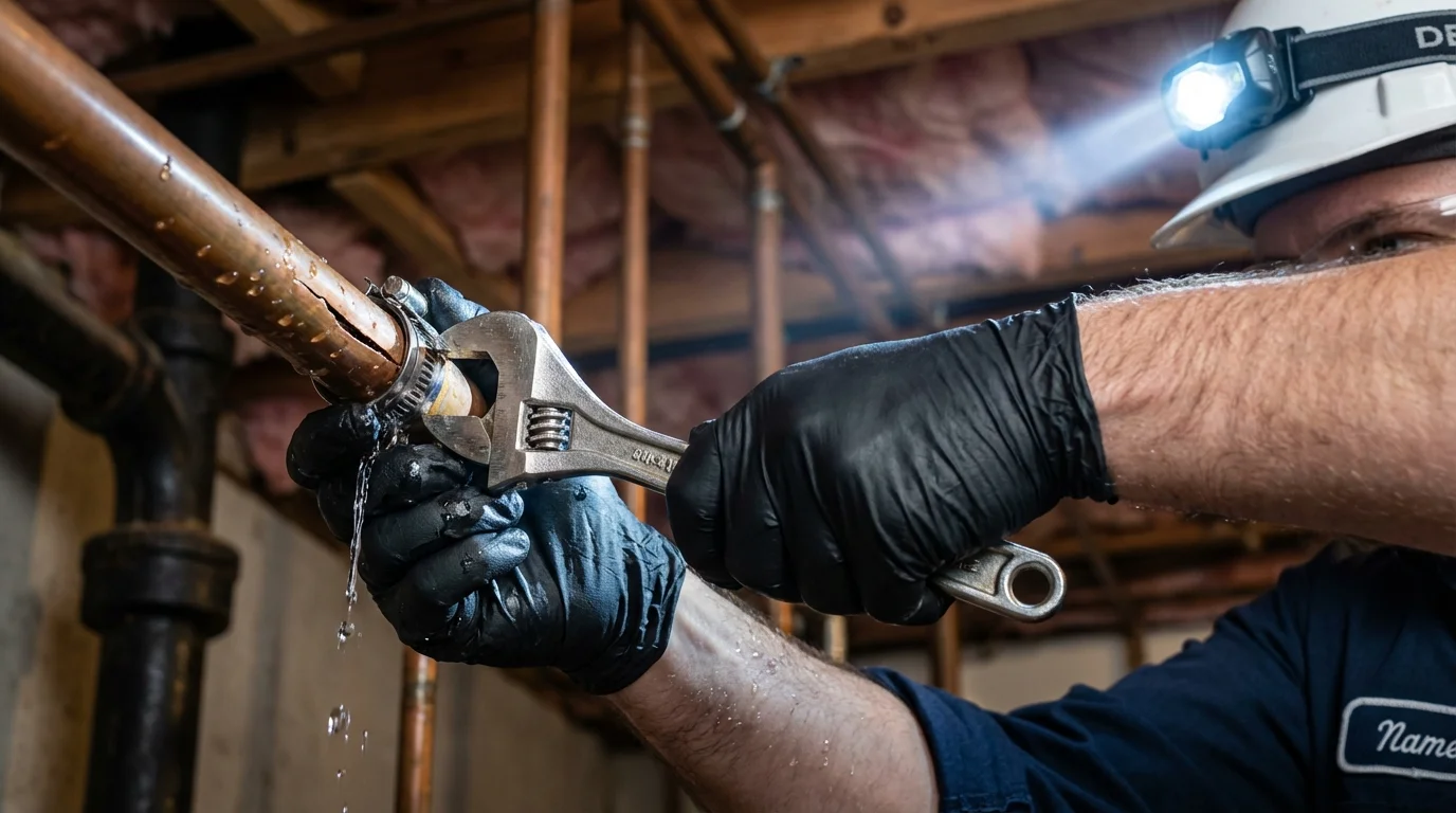 Emergency pipe clamp repair being performed by a Johns Plumbing LLC plumber in Luling