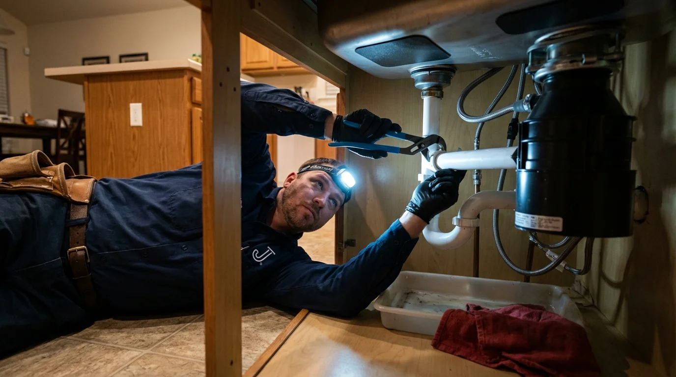 P-trap and supply line connections under a kitchen sink showing a common leak point in Luling, LA